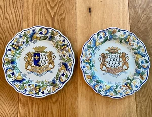 Antique Set of Two French Quimper Porquier Beau Faience Armorial Plates - Picture 1 of 7