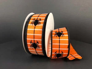 Cinta a rayas arañas flocadas negras, Halloween, negro/blanco sobre naranja satinado, cableado - Imagen 1 de 1
