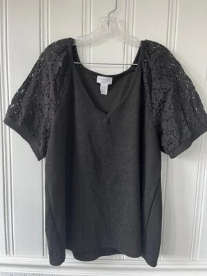 Blusa CARMEN MARC VALVO COUTURE Negra Manga Corta Abullonada Encaje Talla Grande 1X Foto 1 de 3