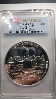 2011  Gettysburg National Park 5 Oz Silver  25c PCGS MS69PL First Strike - Image 1 of 4