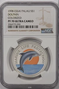 Palau 1998 Dollar NGC Proof 70UC Silver Essai Dolphin Colorized only 20 Minted P - Picture 1 of 2