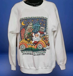 Vintage Christmas Womans L Sweatshirt 1990 Santa Claus Reindeer Taxi Made In USA - Picture 1 of 9