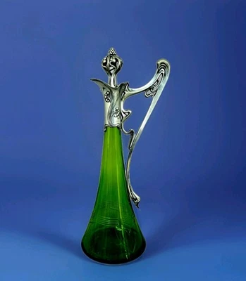 L0566 WMF Jugendstil Karaffe, grünes Glas, Vers. Britannia-Metall, 1900, H=41cm - Bild 1 von 4