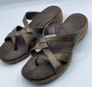 Merrell Brown Bronze Leather Toe Sandals Low Wedge Shoes Women 8 M Mule - Picture 1 of 6