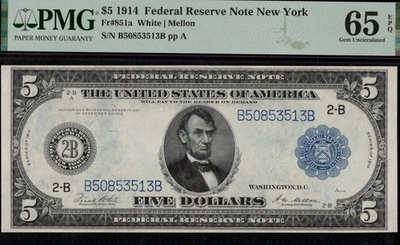 FR-851A 1914 $5 FRN NEW YORK P.M.G 65EPQ - Image 1 of 3