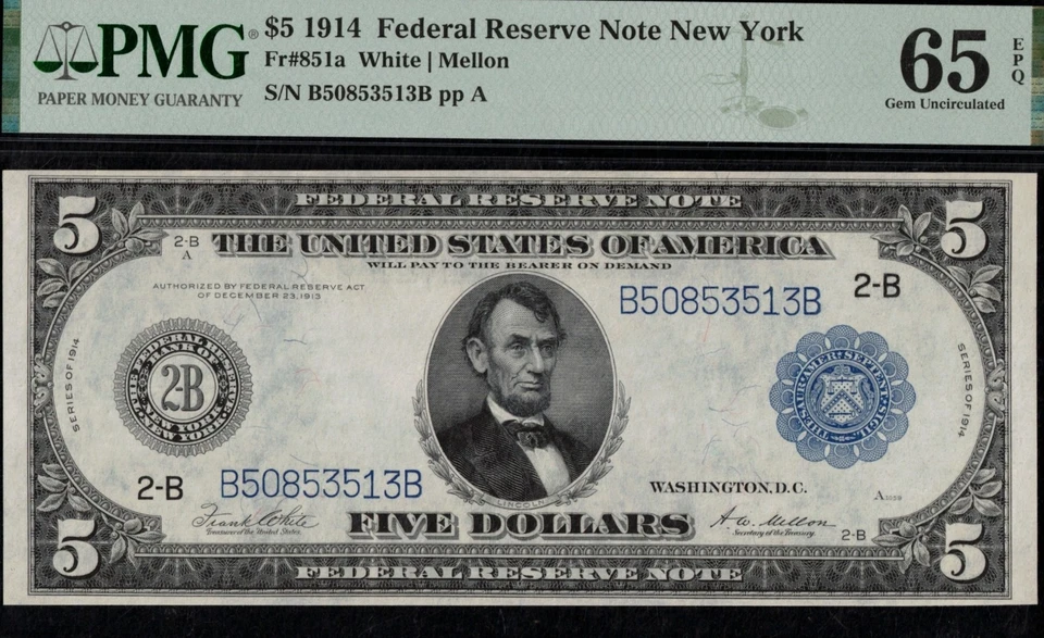 FR-851A 1914 $5 FRN NEW YORK P.M.G 65EPQ - Image 1 of 3