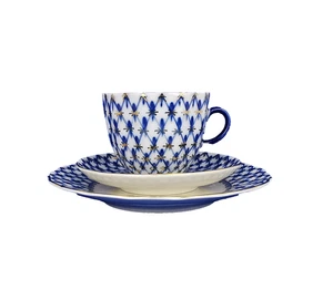 LOMONOSOV Kobaltnetz Kaffeegedeck o. Mokkagedeck 3-tlg. Kleine Tasse Mokkatasse - Picture 1 of 10