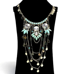 Vintage Inspired Necklace with Large Shimmering Crystals Turquoise Color Stones - Picture 1 of 2