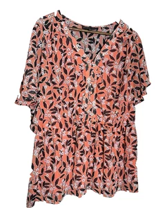 Lane Bryant Blouse 22 Orange Floral Top Buttons Short Sleeve Tropical Sheer - Picture 1 of 8