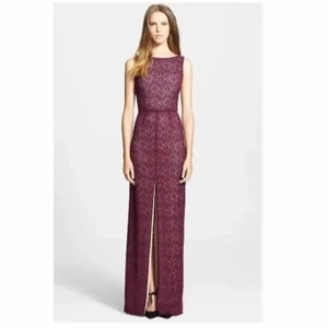 Alice + Olivia Lace Sz 12 Burgundy Lace Sleeveless Low Back Maxi Gown Evening - Picture 1 of 11
