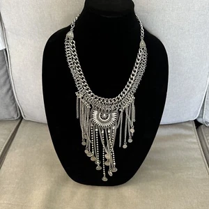 Bohemian Bib Multi Tiered Silver Chain & Rhinestone Necklace - Picture 1 of 3