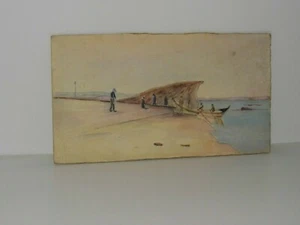 TABLEAU ANCIEN AQUARELLE SUR PANNEAU RETOUR DE PECHE 1930 / 1940 BELLE ETAT - Picture 1 of 11
