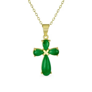 Small Timeless Green Jade Cross Pendant Necklace Gold Plated Silver Chain - Picture 1 of 8