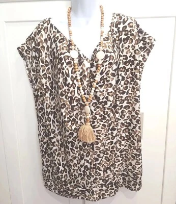 NWT Laura Ashley Animal Print Plus 3X Sleeveless Blouse Top White Brown - Image 1 of 4