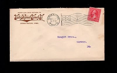 Cedar Rapids Candy Co 1898 Iowa Flag #1 Cancel Cover Norway Iowa Backstamp  9q - Image 1 of 2