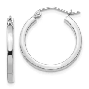 10K Solid White Gold 2mm Square Round Medium Hoop Earrings - Picture 1 of 5