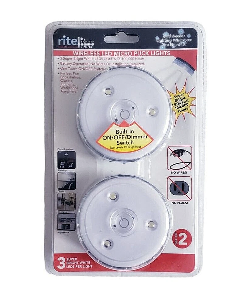 2 Pack Rite Lite Wireless LED Micro Puck Lights With Dimmer New Factory Sealed - Image 1 of 2