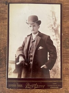 Vintage Cabinet Card. Man standing by Perry and Vamey in Chicago, Illinois