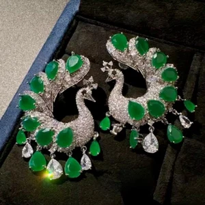 18k Platinum Plated Bird Lab Green Emerald Chandelier Earrings Festive Jewelry - Picture 1 of 20