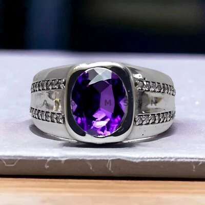 Amethyst Gemstone With 925 Sterling Silver Grooms Ring For Men's #AL133 - Изображение 1 из 4