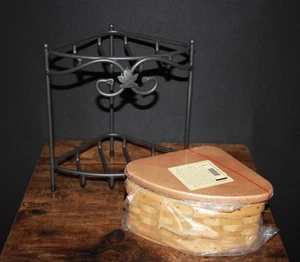 Longaberger Countertop Wrought Iron Corner Stand & Basket W/ Wood Shelf NEW - Picture 1 of 4