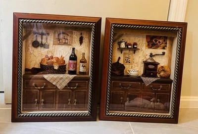 Set Of 2 Vintage Framed Kitchen Decor Coffee & Wine Themed Diorama Pictures  - Изображение 1 из 4