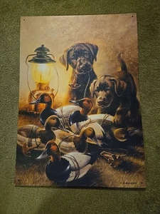Choc Lab Vintage Tin Sign Wall Art Lynn Kaatz Duck Hunting Puppies Retriever  - Picture 1 of 6