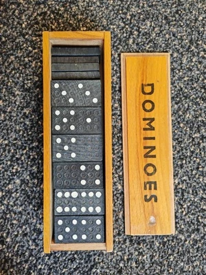 28 x Traditional Dominoes Set Wooden Box Toy Classic Game Kids Black/White Dots - Image 1 of 3