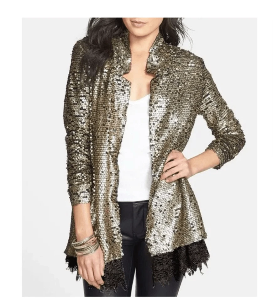 NUEVO CON ETIQUETAS Chaqueta Blazer Free People Oro Deslustrado Lentejuelas Polvo de Estrellas Negro Bolsillos de Encaje Foto 1 de 4