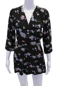 Yumi Kim Womens Silk Floral Print V-Neck Long Sleeve Romper Black Size XS - Picture 1 of 6
