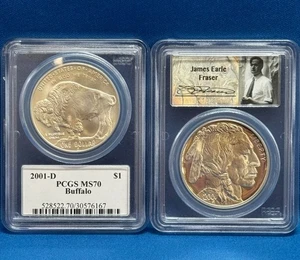 2001-D/P Buffalo Silver Dollars PCGS MS70 + PR70DCAM James Fraser Signed - Picture 1 of 9