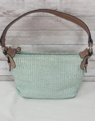Vtg Fossil #1954 Small Teal Green Straw Woven Shoulder Handbag Leather Accents - Image 1 of 4
