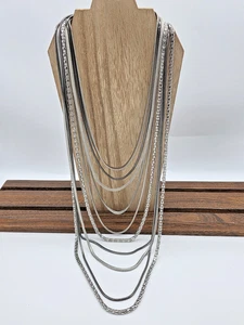 Chico’s 10 Strand Necklace Shiny Silver Matte Silver Gunmetal Chains 18–36" - Picture 1 of 15
