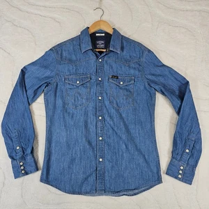 Vintage Wrangler Blue Denim Shirt Slim Men’s Medium Pearl Snap Spirit of America - Picture 1 of 17