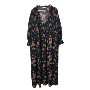 Vestido midi con puños fruncidos diseño ASOS negro rojo floral plus 24 - Imagen 1 de 11