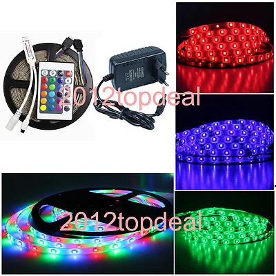 5M 3528 RGB 300 Led SMD Flexible Light Strip IP65 +24 key IR+ EU 12V 2A Power - Image 1 of 4