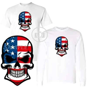 Patriotic USA Flag Skull Red White Blue Short Long Sleeve White T Shirt M-3X     - Picture 1 of 3