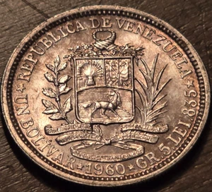 1960 Venezuelan 1 Bolivar - Vintage Latin American AU/UNC SILVER Coin w/Toning! - Picture 1 of 2