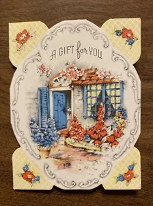 Vintage 1940er Geschenk Geschenk Wunsch Glück Grußkarte Haus Fenster Blumen P4b - Bild 1 von 12