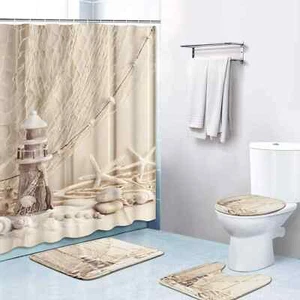 4 Piece Shower Curtain Sets, Beach Beige with Non-Slip Rugs, Toilet Lid Cover an - Picture 1 of 7