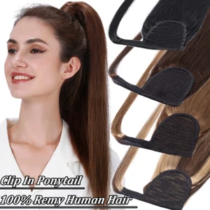Clip In Ponytail 100% Remy Human Hair Extension Wrap Straight Medium Brown 22" - Picture 1 of 46