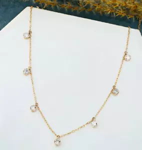 0.7CT Natural Diamond Round Bezel Set Station Necklace 18" Chain 14k Yellow Gold - Picture 1 of 16