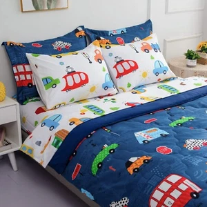 Wajade Cartoon Cars Comforter Set Bed in A Bag Twin Size Colorful Cars Bus Va... - Picture 1 of 7