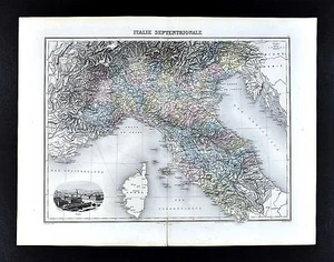 1880 Migeon Map - North Italy  Rome Florence Venice Milan Revenna Turin Vignette - Picture 1 of 2
