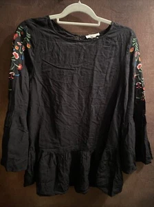 Beach Lunch Lounge M Black Floral Embroidered Boho Prairie Blouse Top 🧡 - Picture 1 of 10