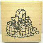 D.O.T.S. G107 - BASKET OF HEARTS - 2" X 2" WOOD MOUNTED RUBBER INK STAMP - NICE