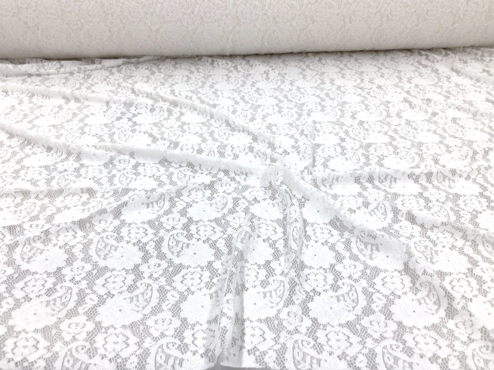 Embroidered Stretch Lace Apparel Fabric Sheer Eggshell White Paisley Floral OO51 - Image 1 of 1