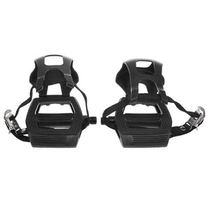 Pair Road Bike Pedals 9/16" Spindle Platform with Toe Clips Fixed Foot Strap - Picture 1 of 8