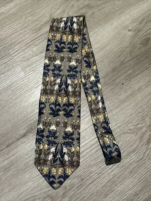 Структура чистого шелка галстук цветочный синий коричневый желтый слоновой кости - Изображение 1 из 4