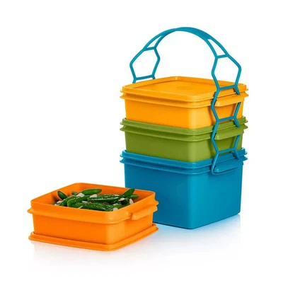 Tupperware STACKABLE Lunch Carry All 3 Pc Set Handle Multicolor Food Storage! 🌈 - Image 1 of 3